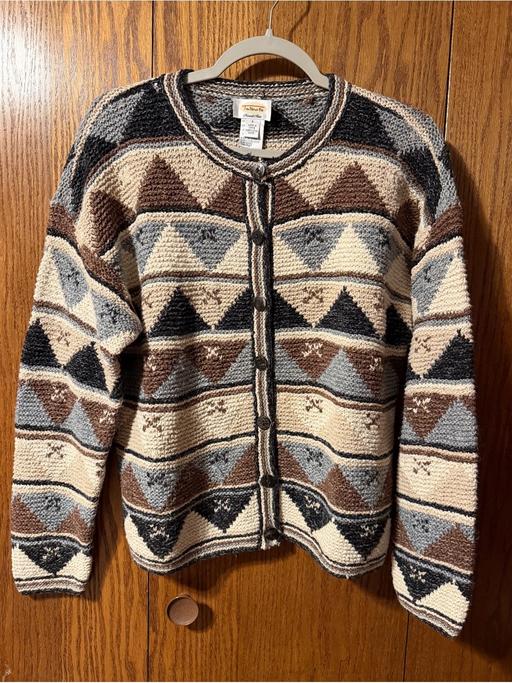 Talbots Vintage Hand Knit Cardigan Sweater L Neutral Earth Tone Aztec Gorpcore